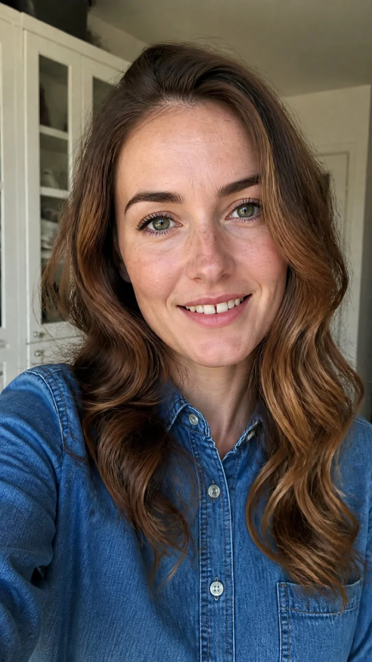 selfie of a 32-year-old Northern European woman with a oblong face, fair, straight nose, thick natural eyebrows, and heart-shaped lips. Her face features gap between front teeth, light freckles, and subtle natural facial asymmetry. She has round green eyes, rounded cheeks, subtle smile, cheerful. She is petite and is wearing a denim blue oxford shirt with medium brown with warm toffee highlights long wavy hair, soft window light, indoor