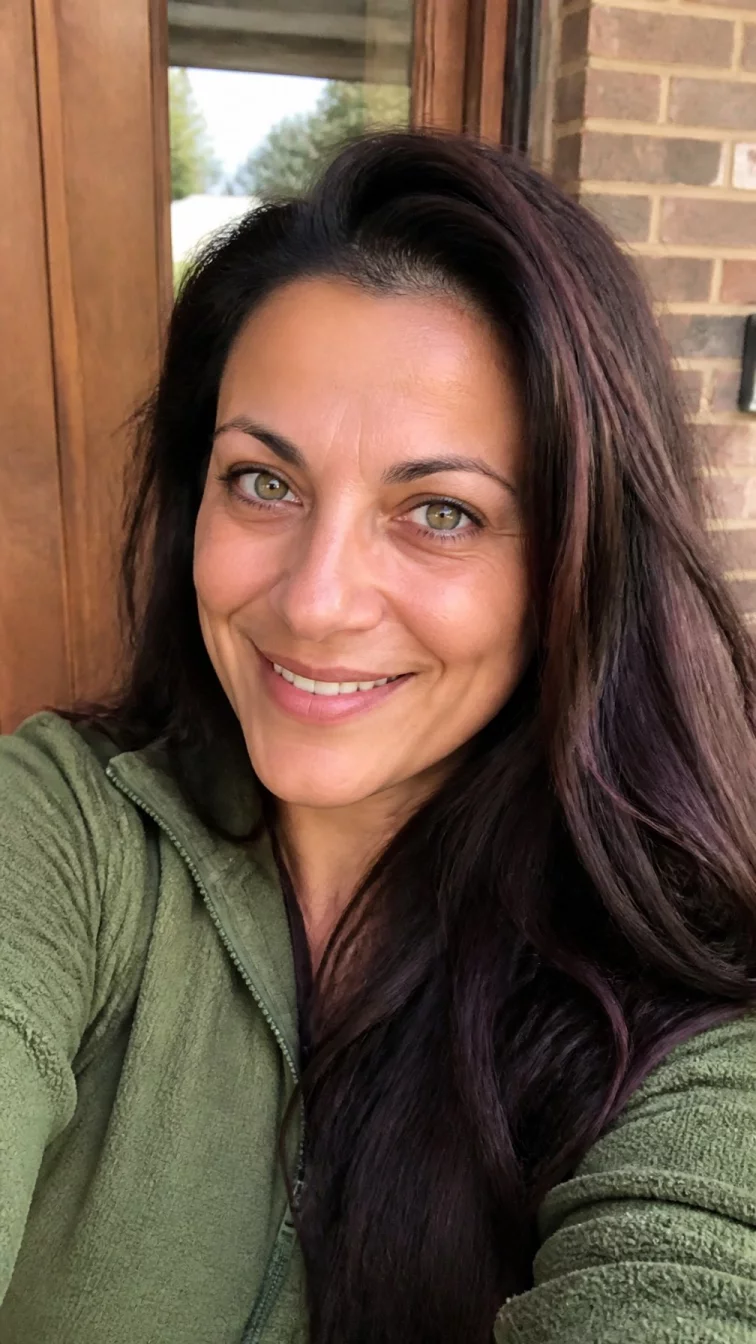 selfie of a 39-year-old Mediterranean woman with a heart-shaped face, tan, rounded nose, softly curved eyebrows, and thin lips. Her face features dimples, subtle acne marks, and subtle natural facial asymmetry. She has upturned green eyes, soft cheekbones, broad smile, confident. She is average and is wearing a olive green fleece pullover with deep chocolate with subtle dark purple highlights sleek long hair, warm indoor lighting, outdoor