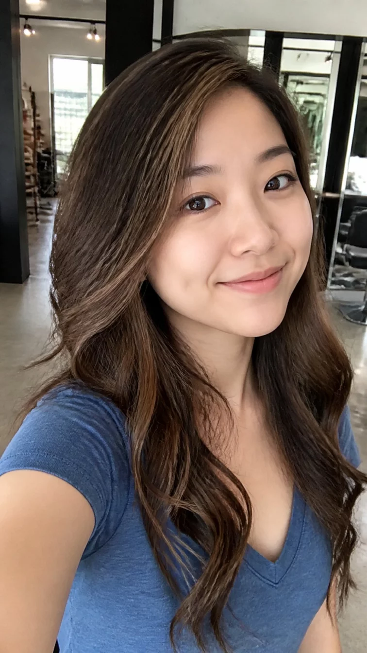 selfie A side photo of a 23-year-old East Asian woman with a oval face, light, narrow nose, thin arched eyebrows, and thin lips. Her face features dimples, faint under-eye shadows, and subtle natural facial asymmetry. She has deep-set dark brown eyes, high cheekbones, closed-mouth smile, cheerful. She is petite and is wearing a denim blue v-neck t-shirt with espresso brown base with amber honey highlights long wavy hair, soft window light, hair salon