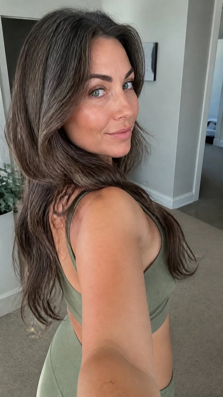selfie A back photo of a 49-year-old Northern European woman with a diamond face, deep brown, upturned nose, feathered eyebrows, and thin lips. Her face features faint freckles across the nose, a few laugh lines, and subtle natural facial asymmetry. She has hooded green eyes, pronounced cheekbones, neutral expression, playful. She is curvy and is wearing a sage green activewear top with cool-toned dark mocha with silver-brown highlights long waist-length hair, bright natural daylight, indoor