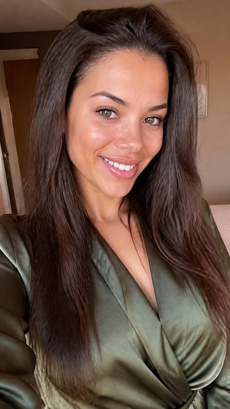 selfie of a 32-year-old Mixed-race woman with a pear-shaped face, dark brown, upturned nose, softly curved eyebrows, and full lips. Her face features widow's peak hairline, subtle acne marks, and subtle natural facial asymmetry. She has upturned hazel eyes, soft cheekbones, broad smile, playful. She is athletic and is wearing a olive green satin blouse with dark brown with cool walnut highlights long straight hair, warm indoor lighting, indoor