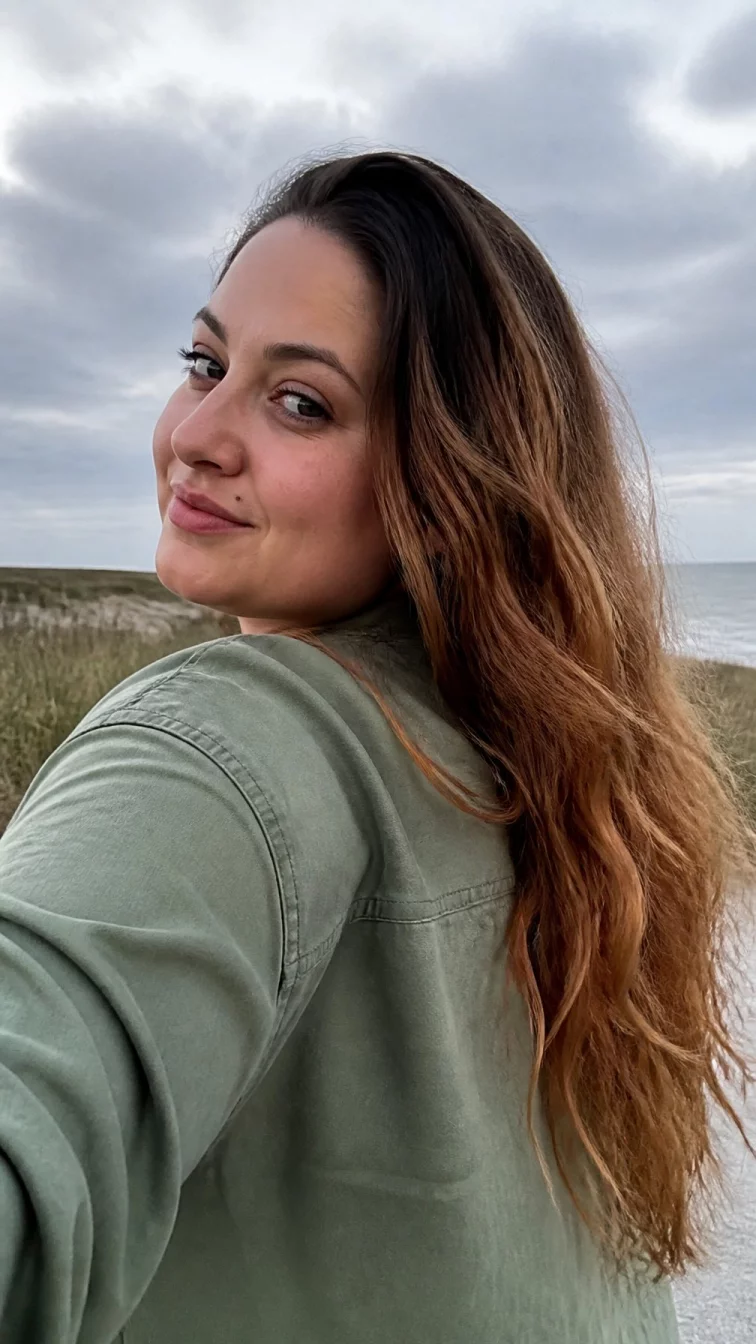 selfie A back photo of a 24-year-old Northern European woman with a square face, golden brown, upturned nose, thin arched eyebrows, and wide lips. Her face features beauty mark near the lip, subtle acne marks, and subtle natural facial asymmetry. She has downturned brown eyes, pronounced cheekbones, subtle smile, thoughtful. She is plus-size and is wearing a olive green chambray shirt with dark brown roots with light auburn tips long layered hair, overcast daylight, outdoor