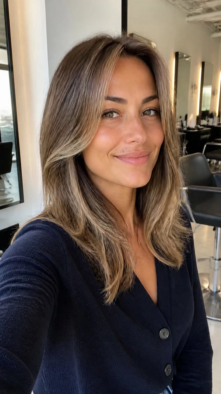 selfie A side photo of a 31-year-old Northern European woman with a heart-shaped face, tan, rounded nose, thin arched eyebrows, and wide lips. Her face features beauty mark near the lip, faint under-eye shadows, and subtle natural facial asymmetry. She has almond-shaped hazel eyes, soft cheekbones, broad smile, relaxed. She is average and is wearing a navy blue cardigan with soft neutral brown with pale oat-colored highlights mid-length layered hair, soft window light, hair salon