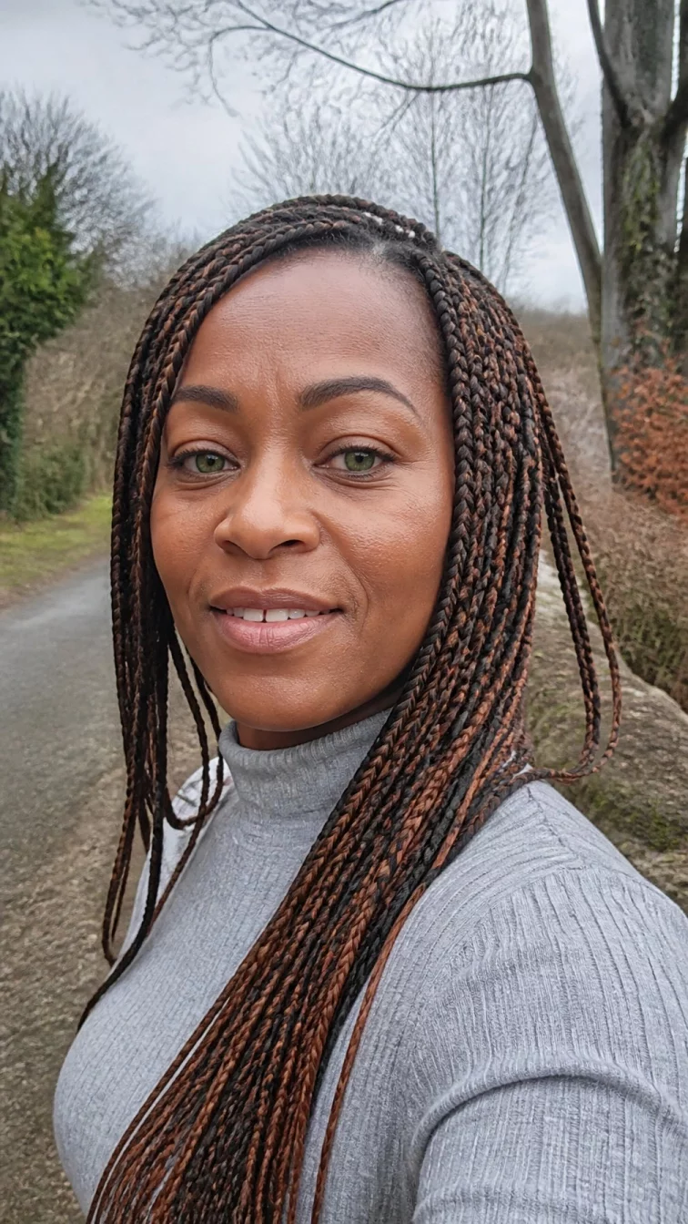 selfie A side photo of a 43-year-old Black African woman with a oval face, dark brown, rounded nose, feathered eyebrows, and thin lips. Her face features gap between front teeth, visible pores, and subtle natural facial asymmetry. She has hooded green eyes, soft cheekbones, subtle smile, confident. She is slim and is wearing a light gray mock neck sweater with metallic bronze and copper highlights long braided hair, overcast daylight, outdoor