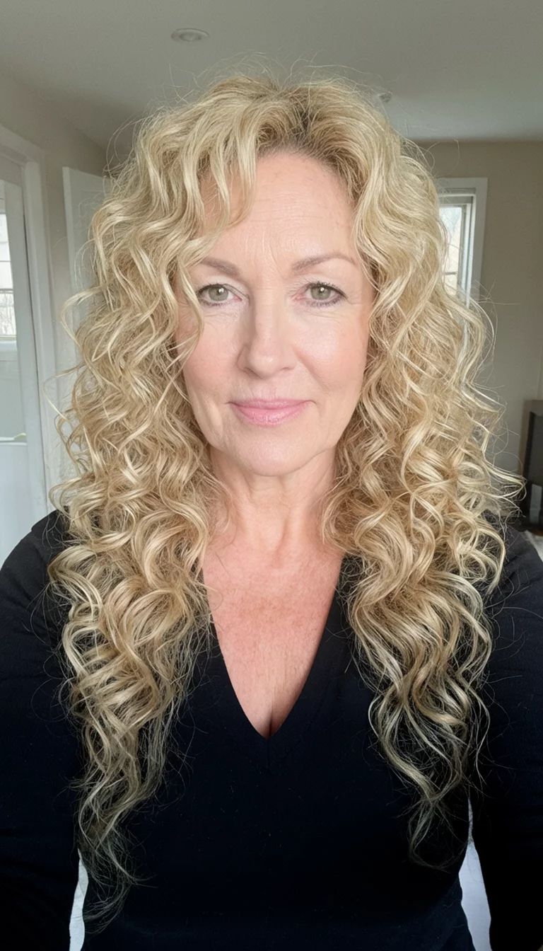Heavily Curled Blonde Sophistication selfie of a 44-year-old woman wearing a black V-neck top with a long, blonde, heavily curled medium length hairstyle, front view, indoor setting