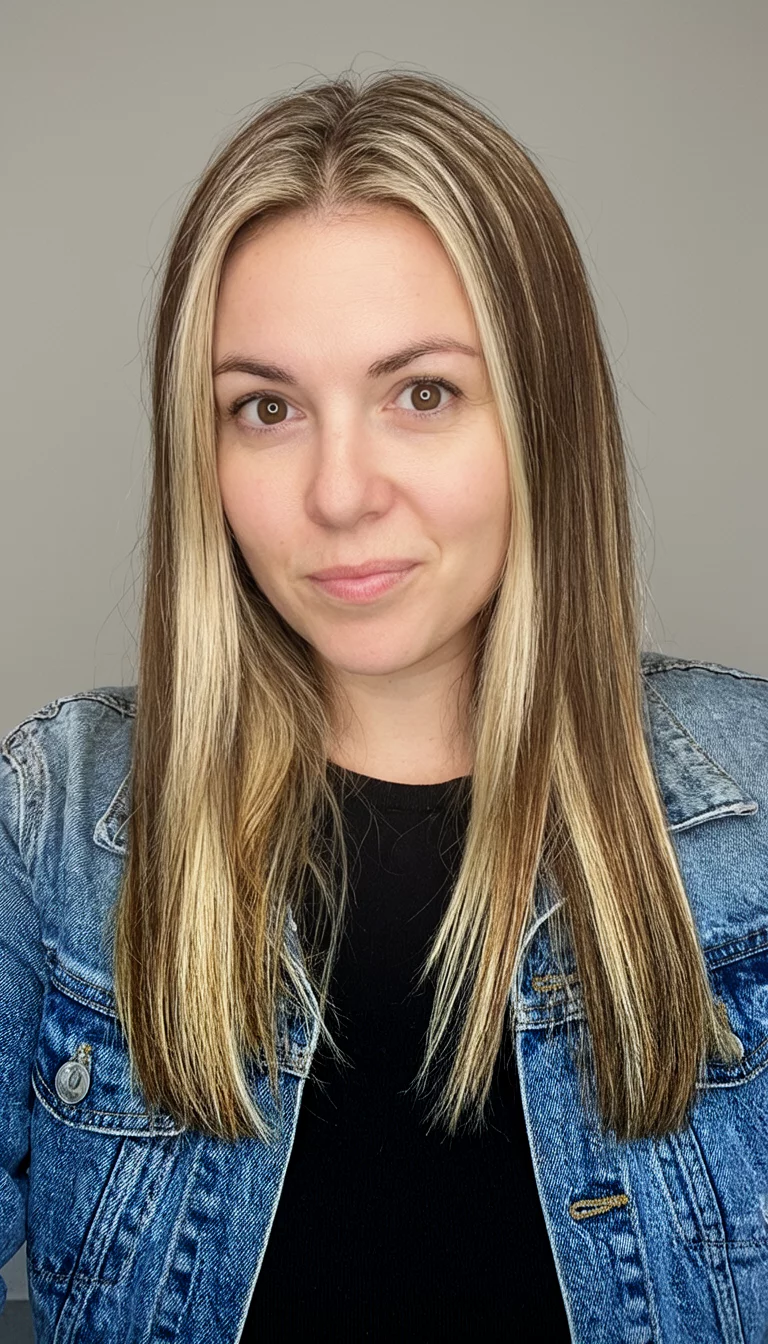 The Modern Two Toned Straight Cut selfie of a 32-year-old woman wearing a black top and denim jacket with a long, straight, two-toned blonde and brown medium length hairstyle, front view, studio setting