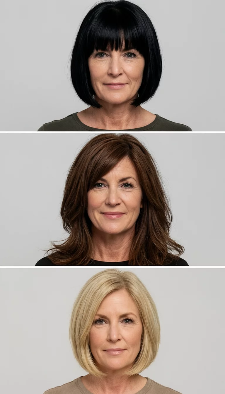 A Triptych Of Precision Cuts casual photo of a 40-year-old woman wearing different tops with a triptych showcasing a sharp black bob, a long layered brown style, and a blonde bob, front view, studio setting