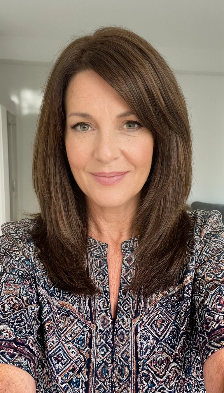 Sleek Length Combined With Shaggy Layers selfie of a 42-year-old woman wearing a designer top with a split image of long sleek brown hair and a layered brown medium length shag, front view, indoor setting