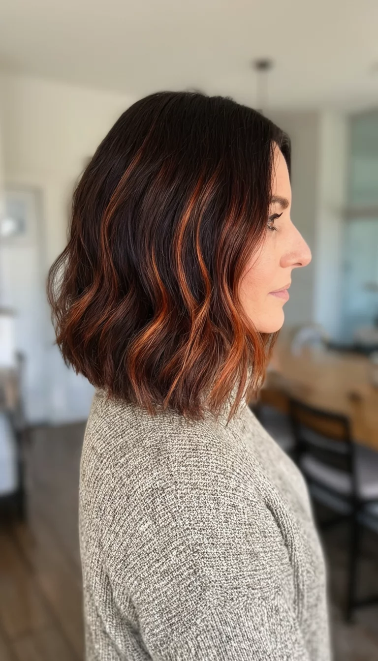 casual photo of a 38-year-old woman wearing a casual sweater with a dark brown medium length bob hairstyle with subtle copper highlights and loose waves, side view, indoor setting