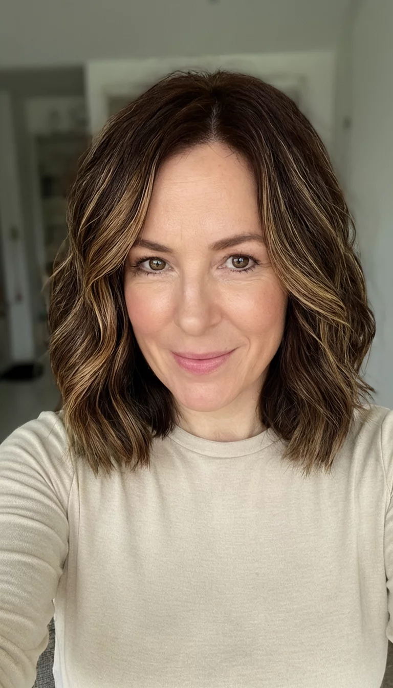 Highlighted Waves For Interior Elegance selfie of a 39-year-old woman wearing a neutral top with a brown medium length bob hairstyle styled with loose waves and highlights, front view, indoor setting