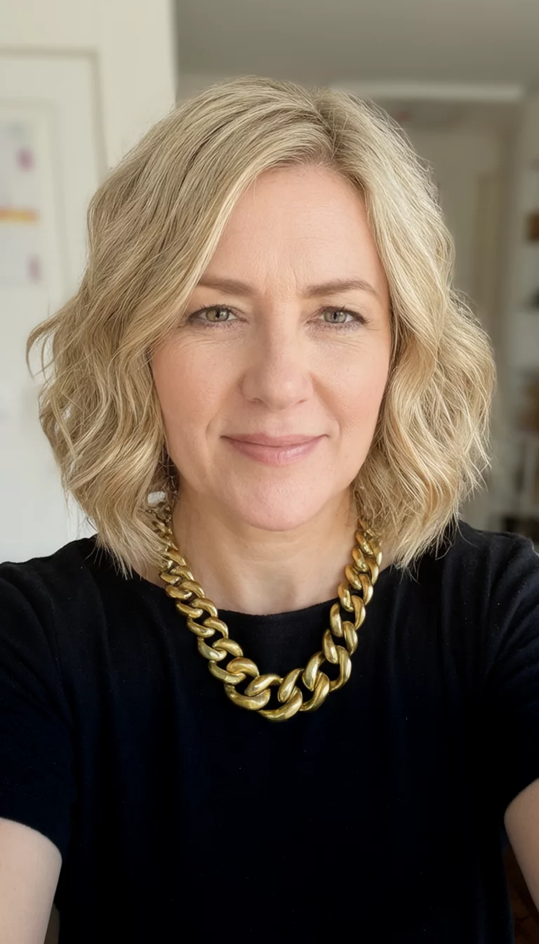 Wavy Golden Bob and Chunky Jewelry selfie of a 37-year-old woman wearing a black top and a chunky gold necklace with a blonde, wavy medium length bob hairstyle, front view, indoor setting