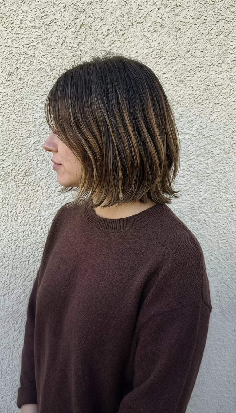 Layered Lob On Textured Backgrounds casual photo of a 36-year-old woman wearing a simple sweater with a dark brown, layered medium length lob with lighter brown highlights, side view, against a textured wall