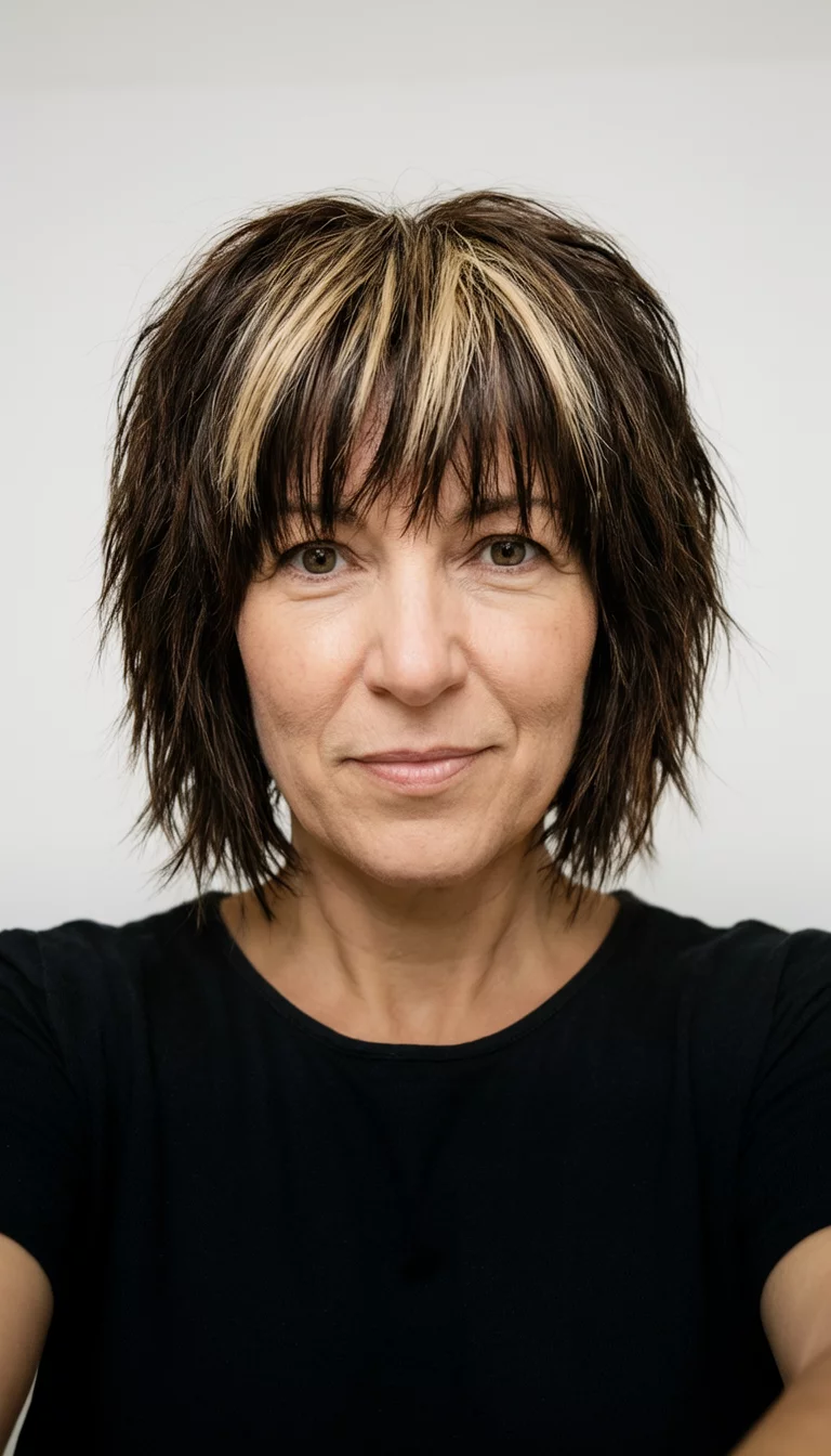 Choppy Shag With Bold Blonde Accents selfie of a 41-year-old woman wearing a black top with a short, choppy dark brown medium length shag hairstyle with blonde highlights, front view, studio setting