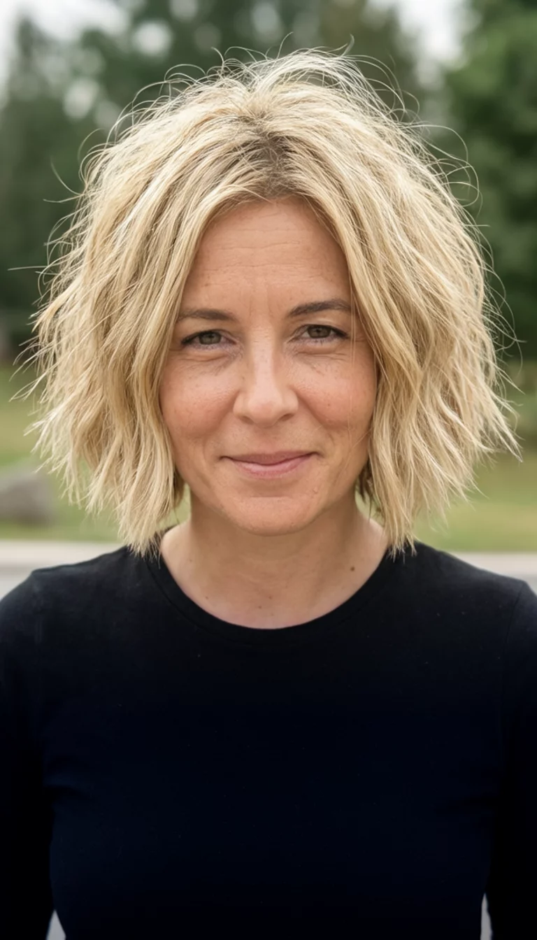The Tousled Outdoor Blonde Bob casual photo of a 34-year-old woman wearing a black top with a tousled blonde medium length bob hairstyle, front view, outdoors with a blurred background