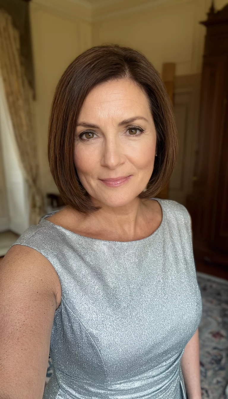 Middle Parted Sleek Silver Lob selfie of a 45-year-old woman wearing a silver dress with a neat, middle-parted brown medium length lob hairstyle, front view, semi-formal setting