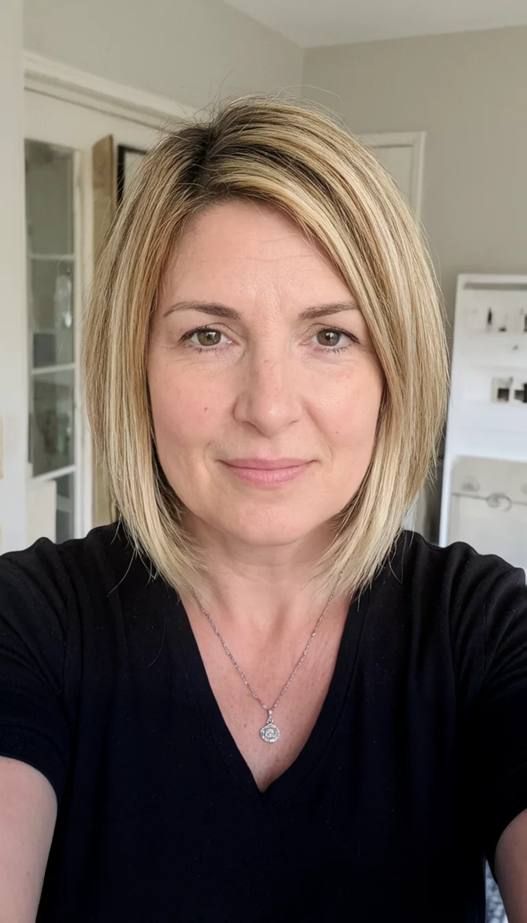 The Polished Blonde Highlighted Bob selfie of a 35-year-old woman wearing a black top and a necklace with a blonde medium length bob hairstyle with highlights, front view, indoor setting