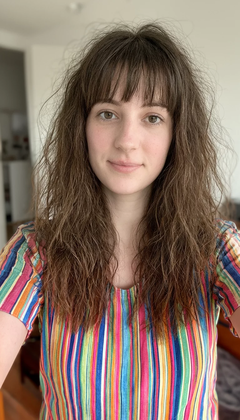 Messy Waves And Texturized Fringe selfie of a 27-year-old woman wearing a colorful striped top with a long, messy brown medium length hairstyle with bangs, front view, indoor setting