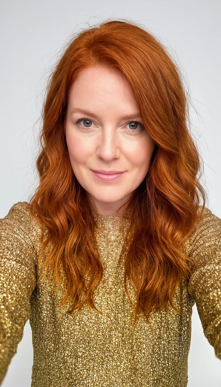 Ginger Spice Deep Wavy Glamour selfie of a 33-year-old woman wearing a sparkly gold top with a long, wavy ginger-colored medium length hairstyle, front view, studio setting
