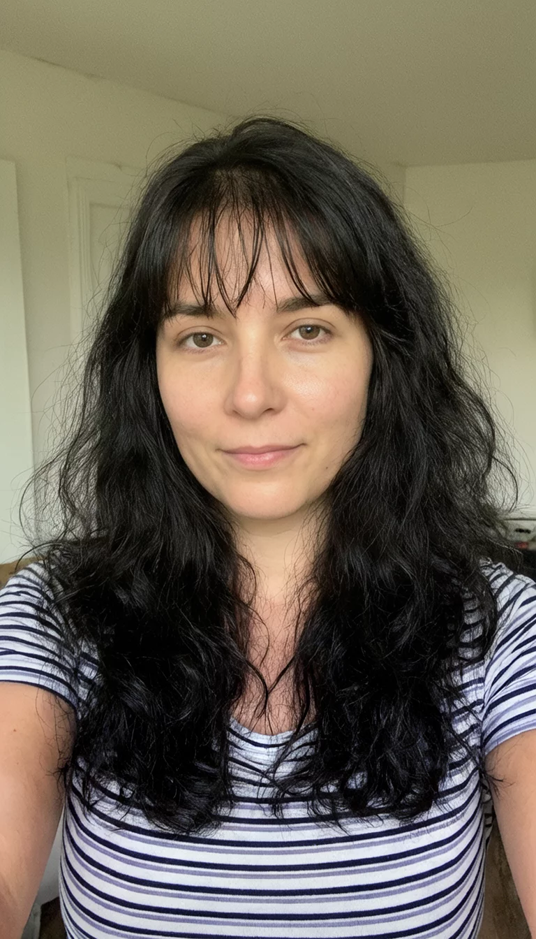 Dark Mystery With Wispy Forehead Layers selfie of a 30-year-old woman wearing a striped top with a long, dark, wavy medium length hairstyle with wispy bangs, front view, indoor setting