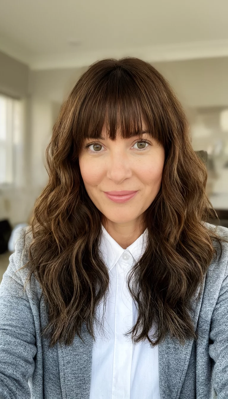 Wavy Layers With Soft Face Framing Bangs selfie of a 29-year-old woman wearing a white shirt and grey jacket with a long wavy brown medium length hairstyle and bangs, front view, indoor setting