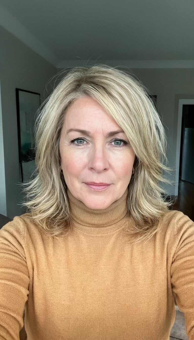 The Voluminous Blonde Turtleneck Companion selfie of a 48-year-old woman wearing a tan turtleneck with a blonde medium length shoulder-length hairstyle with layers and volume, front view, indoor setting
