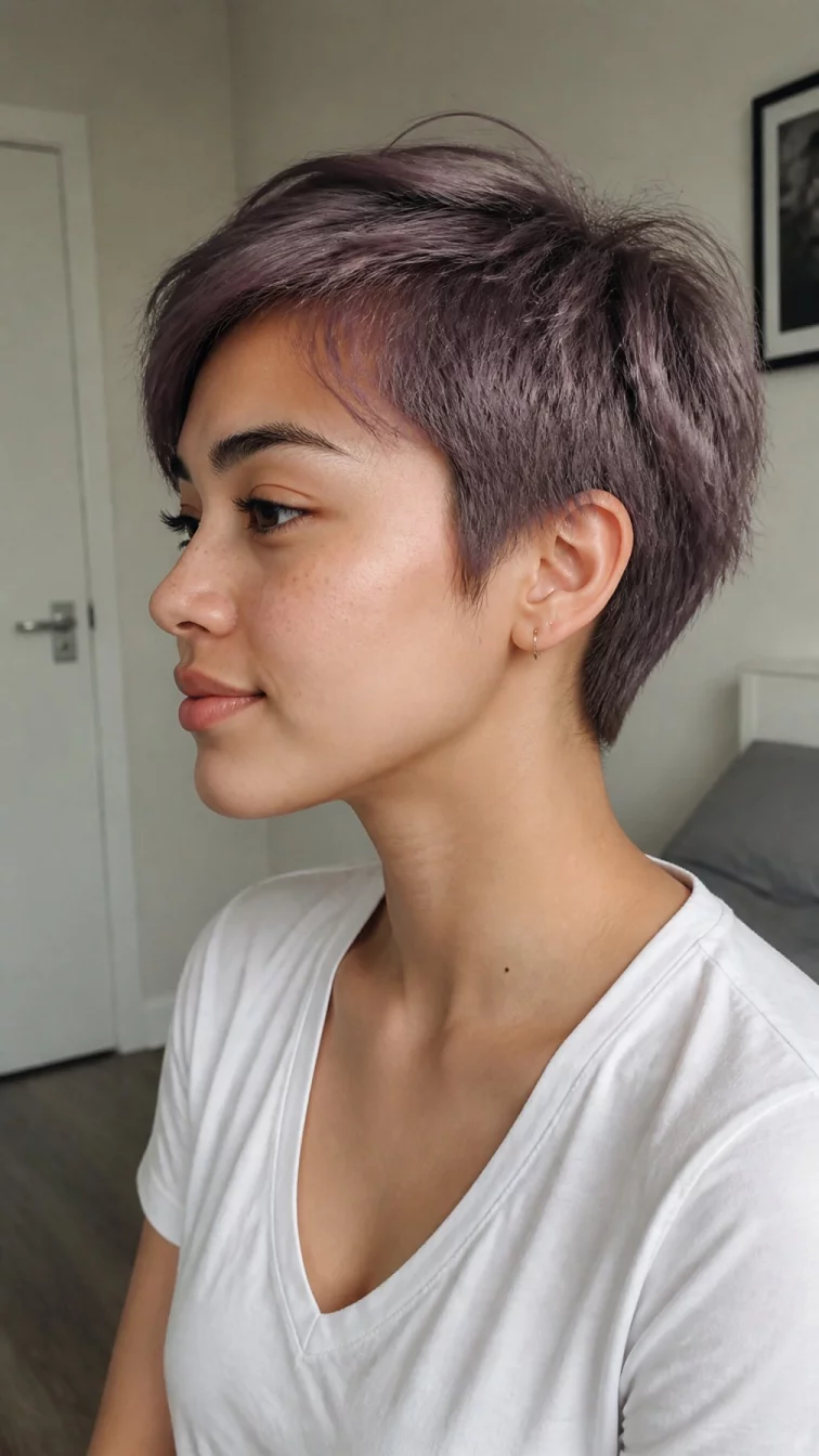 A side view photo of a 23-year-old Southeast Asian woman with a diamond face, olive, aquiline nose, straight eyebrows, and full lips. Her face features uneven eyebrows, light freckles, and subtle natural facial asymmetry. She has monolid amber eyes, soft cheekbones, subtle smile, relaxed. She is average and is wearing a white v-neck t-shirt with muted plum mist wispy feathered pixie hair, overcast daylight, indoor