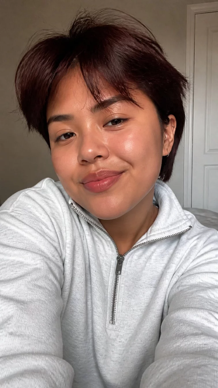 selfie of a 23-year-old Latina woman with a round face, tan, straight nose, feathered eyebrows, and full lips. Her face features slightly crooked smile, visible pores, and subtle natural facial asymmetry. She has monolid brown eyes, soft cheekbones, subtle smile, playful. She is petite and is wearing a light gray quarter-zip pullover with deep roasted chestnut tousled pixie hair, soft window light, indoor