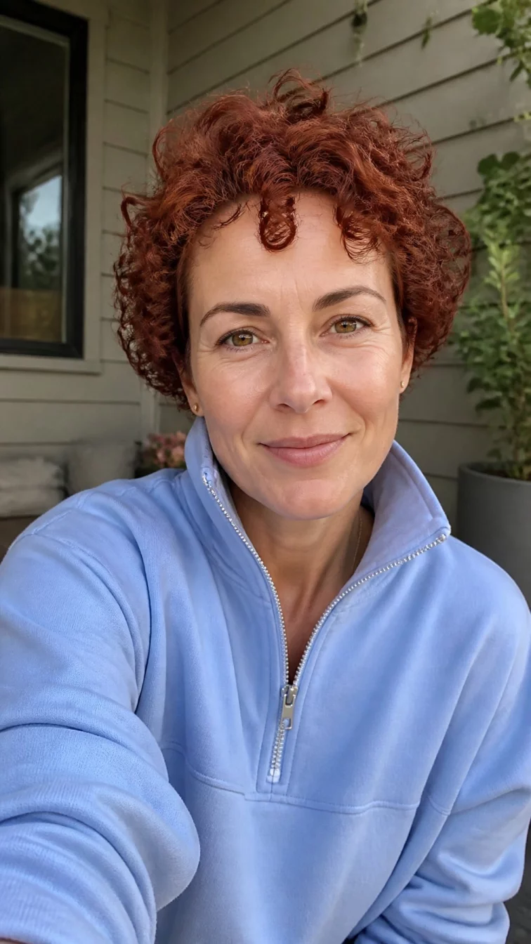 selfie of a 39-year-old Northern European woman with a square face, deep brown, aquiline nose, softly curved eyebrows, and thin lips. Her face features faint freckles across the nose, faint under-eye shadows, and subtle natural facial asymmetry. She has monolid hazel eyes, rounded cheeks, closed-mouth smile, relaxed. She is slim and is wearing a baby blue quarter-zip pullover with burnt sienna clay curly pixie hair, warm indoor lighting, outdoor
