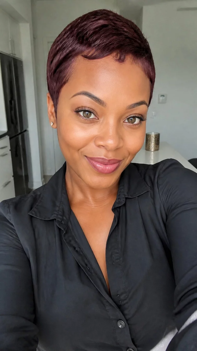 selfie of a 33-year-old Black African woman with a heart-shaped face, tan, button nose, softly curved eyebrows, and wide lips. Her face features widow's peak hairline, visible pores, and subtle natural facial asymmetry. She has hooded hazel eyes, soft cheekbones, subtle smile, cheerful. She is petite and is wearing a black button-up shirt with deep burgundy rose sleek pixie hair, bright natural daylight, indoor