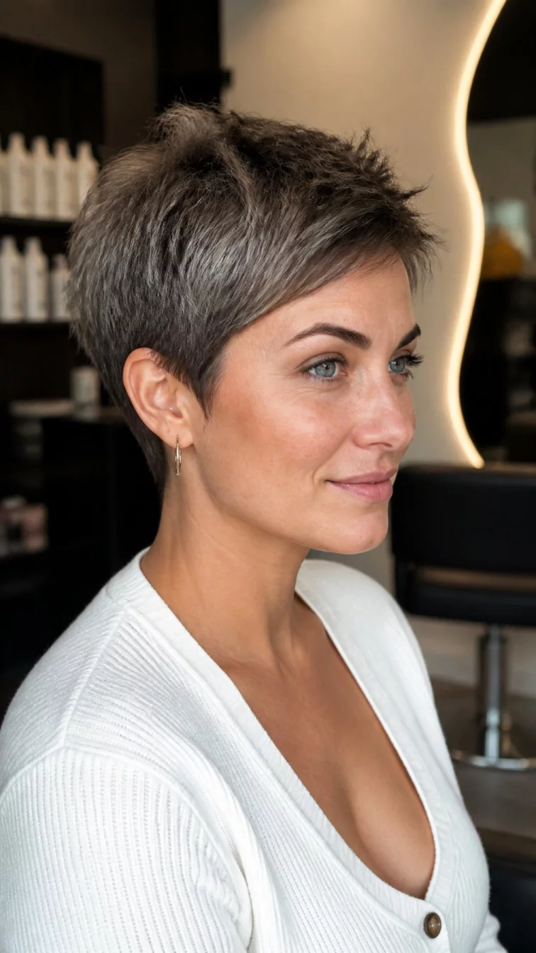 A side view photo of a 31-year-old Southern European woman with a oval face, olive, straight nose, thin arched eyebrows, and thin lips. Her face features slightly crooked smile, light freckles, and subtle natural facial asymmetry. She has monolid blue eyes, pronounced cheekbones, closed-mouth smile, confident. She is curvy and is wearing a white cardigan with smoky ash quartz tapered pixie hair, soft window light, hair salon