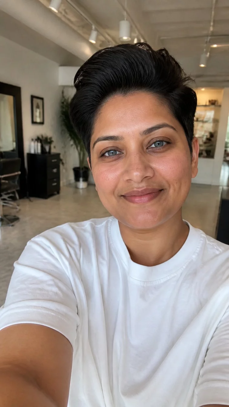 selfie of a 39-year-old South Asian woman with a oval face, deep brown, upturned nose, softly curved eyebrows, and wide lips. Her face features gap between front teeth, slightly flushed cheeks, and subtle natural facial asymmetry. She has hooded blue eyes, rounded cheeks, closed-mouth smile, relaxed. She is average and is wearing a white oversized t-shirt with midnight espresso black sleek pompadour pixie hair, soft window light, hair salon