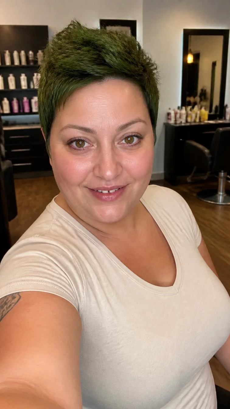 selfie of a 40-year-old Eastern European woman with a diamond face, dark brown, broad nose, thin arched eyebrows, and full lips. Her face features gap between front teeth, slightly flushed cheeks, and subtle natural facial asymmetry. She has deep-set amber eyes, high cheekbones, subtle smile, playful. She is plus-size and is wearing a cream fitted t-shirt with velvet moss green spiky pixie hair, warm indoor lighting, hair salon