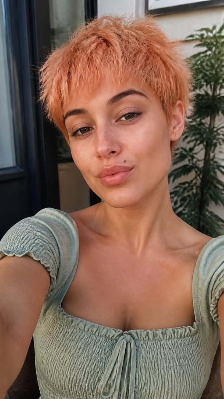 selfie of a 26-year-old Eastern European woman with a heart-shaped face, dark brown, narrow nose, feathered eyebrows, and wide lips. Her face features beauty mark near the lip, visible pores, and subtle natural facial asymmetry. She has hooded brown eyes, high cheekbones, neutral expression, playful. She is athletic and is wearing a sage green smocked blouse with muted apricot sorbet choppy pixie hair, soft window light, outdoor