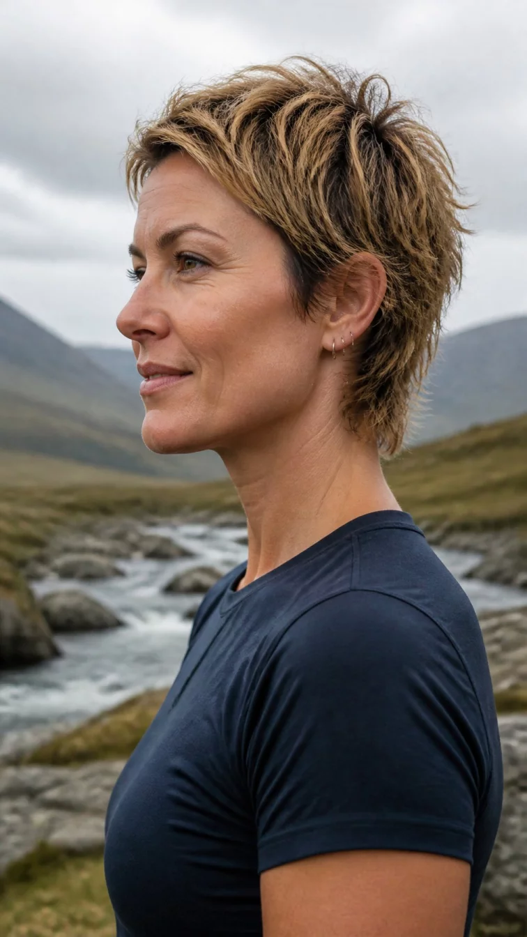 A side view photo of a 43-year-old Northern European woman with a square face, olive, straight nose, thin arched eyebrows, and wide lips. Her face features widow's peak hairline, visible pores, and subtle natural facial asymmetry. She has hooded dark brown eyes, high cheekbones, closed-mouth smile, relaxed. She is athletic and is wearing a navy blue fitted t-shirt with golden bronze tiger shaggy pixie hair, overcast daylight, outdoor