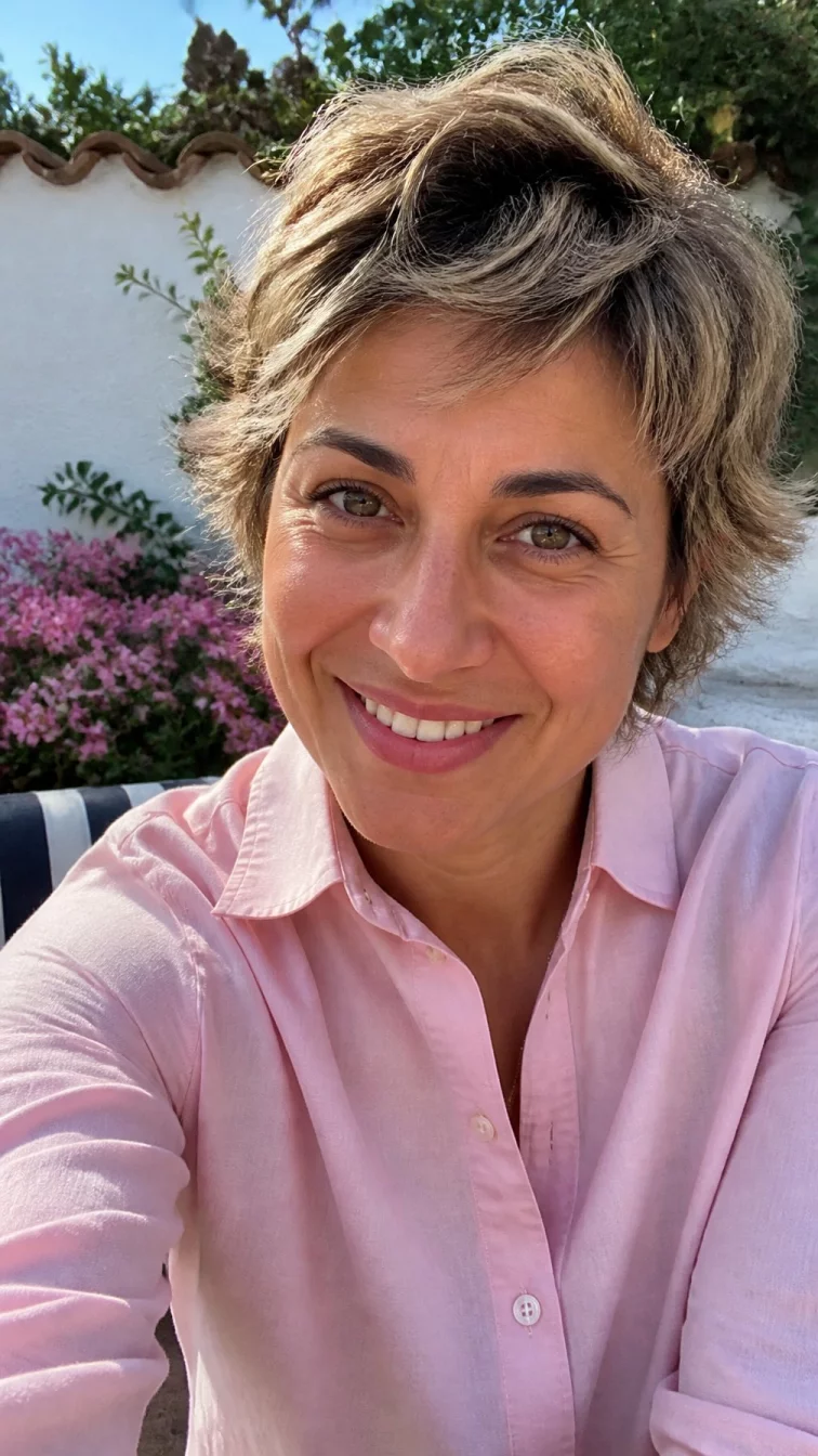 selfie of a 39-year-old Southern European woman with a diamond face, tan, rounded nose, straight eyebrows, and heart-shaped lips. Her face features small scar on the eyebrow, faint under-eye shadows, and subtle natural facial asymmetry. She has round hazel eyes, rounded cheeks, broad smile, cheerful. She is athletic and is wearing a blush pink oxford shirt with golden honey oat shaggy pixie hair, bright natural daylight, outdoor