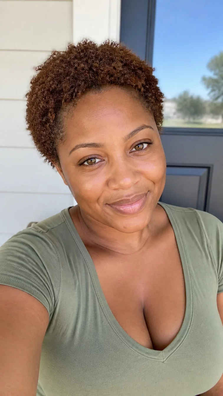 selfie of a 34-year-old Black African woman with a diamond face, deep brown, straight nose, thin arched eyebrows, and heart-shaped lips. Her face features dimples, slightly flushed cheeks, and subtle natural facial asymmetry. She has deep-set hazel eyes, pronounced cheekbones, subtle smile, thoughtful. She is curvy and is wearing a sage green v-neck t-shirt with toasted walnut brown short textured pixie hair, soft window light, outdoor