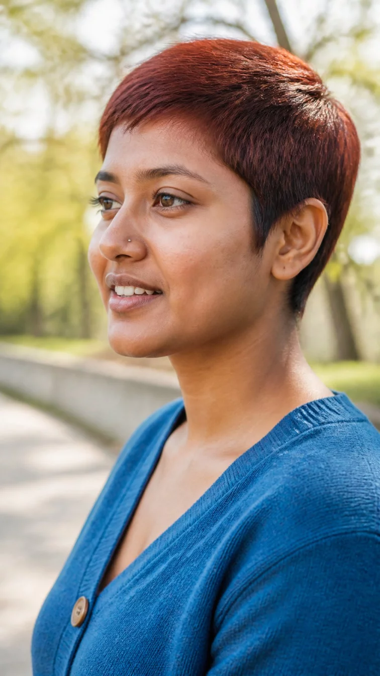 A side view photo of a 26-year-old South Asian woman with a oblong face, light, button nose, softly curved eyebrows, and thin lips. Her face features gap between front teeth, subtle acne marks, and subtle natural facial asymmetry. She has monolid hazel eyes, rounded cheeks, subtle smile, thoughtful. She is average and is wearing a denim blue cardigan with copper penny glow micro pixie hair, bright natural daylight, outdoor