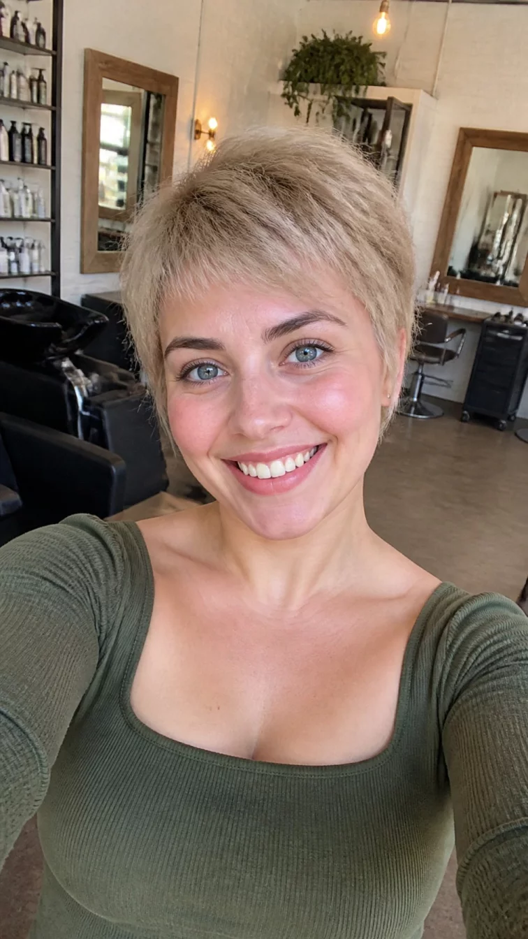 selfie of a 26-year-old Southern European woman with a round face, fair, aquiline nose, straight eyebrows, and heart-shaped lips. Her face features small scar on the eyebrow, slightly flushed cheeks, and subtle natural facial asymmetry. She has almond-shaped blue eyes, high cheekbones, broad smile, cheerful. She is slim and is wearing a olive green square-neck blouse with soft wheat beige wispy pixie hair, bright natural daylight, hair salon