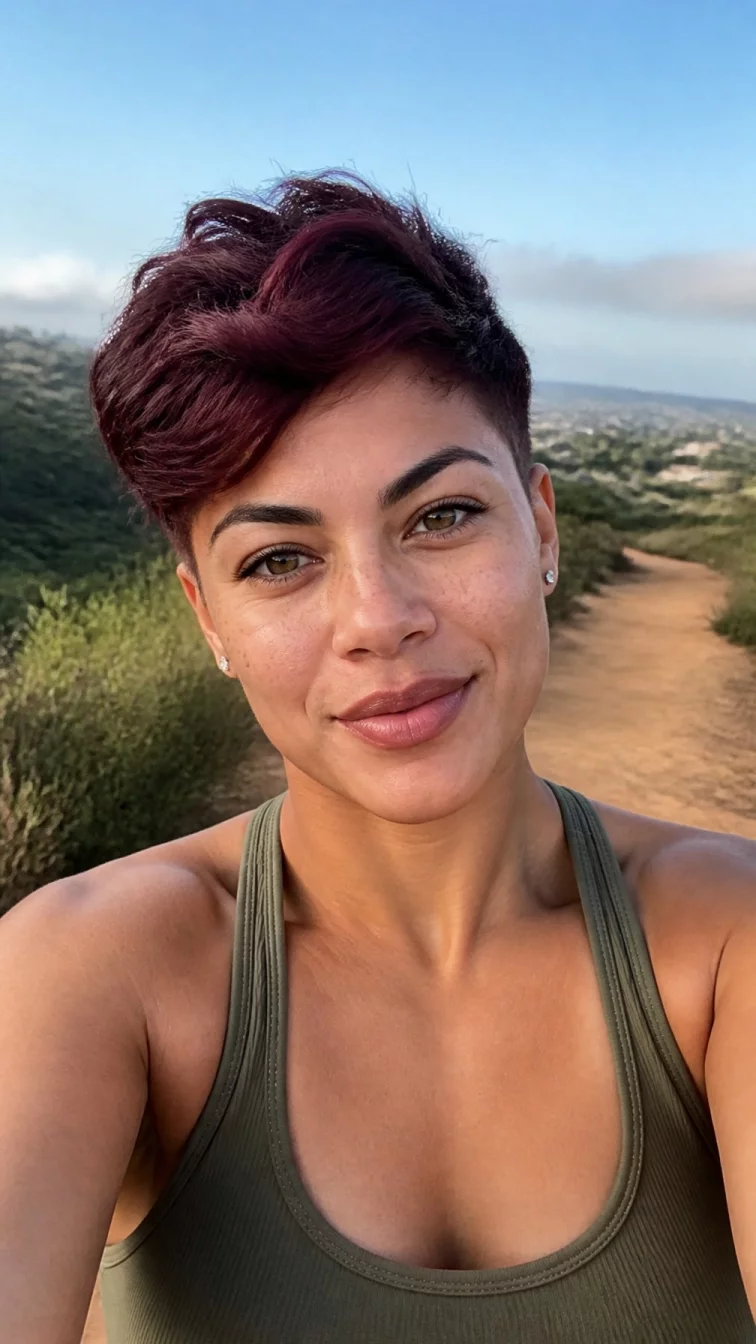 selfie of a 31-year-old Mixed-race woman with a square face, dark brown, narrow nose, thick natural eyebrows, and wide lips. Her face features faint freckles across the nose, a few laugh lines, and subtle natural facial asymmetry. She has upturned amber eyes, rounded cheeks, closed-mouth smile, confident. She is athletic and is wearing a olive green tank-style top with dark cherry cola asymmetric pixie hair, soft window light, outdoor