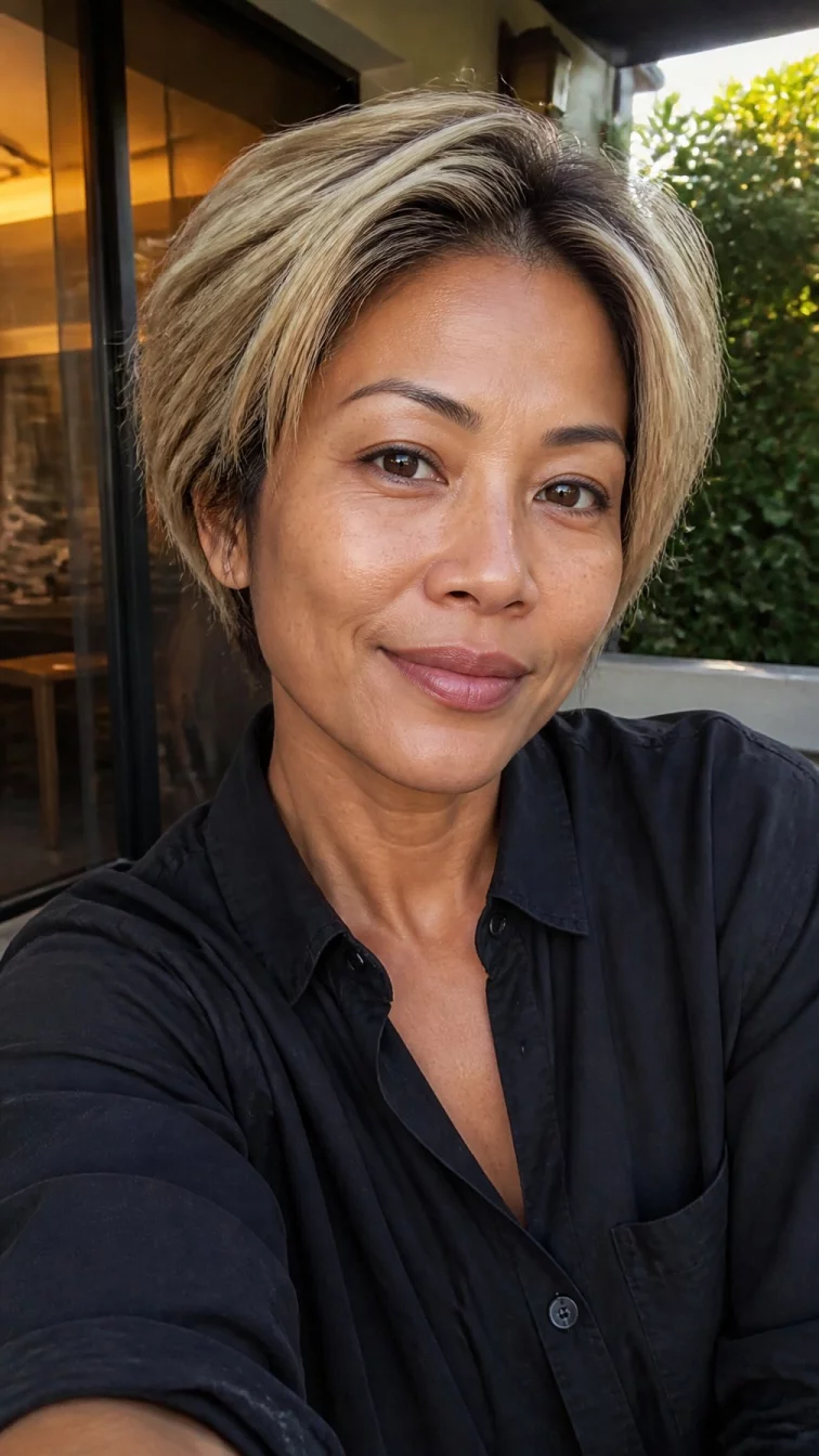 selfie of a 47-year-old Southeast Asian woman with a oblong face, dark brown, upturned nose, feathered eyebrows, and full lips. Her face features small scar on the eyebrow, light freckles, and subtle natural facial asymmetry. She has monolid brown eyes, pronounced cheekbones, closed-mouth smile, confident. She is athletic and is wearing a black oversized button-up shirt with muted sandstone tan messy layered pixie hair, warm indoor lighting, outdoor