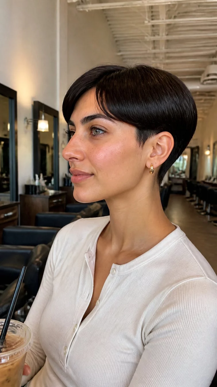 A side view photo of a 30-year-old Middle Eastern woman with a oblong face, fair, aquiline nose, feathered eyebrows, and wide lips. Her face features faint freckles across the nose, slightly flushed cheeks, and subtle natural facial asymmetry. She has deep-set gray eyes, high cheekbones, subtle smile, confident. She is athletic and is wearing a cream henley shirt with cold brew iced coffee sleek bowl cut pixie hair, overcast daylight, hair salon