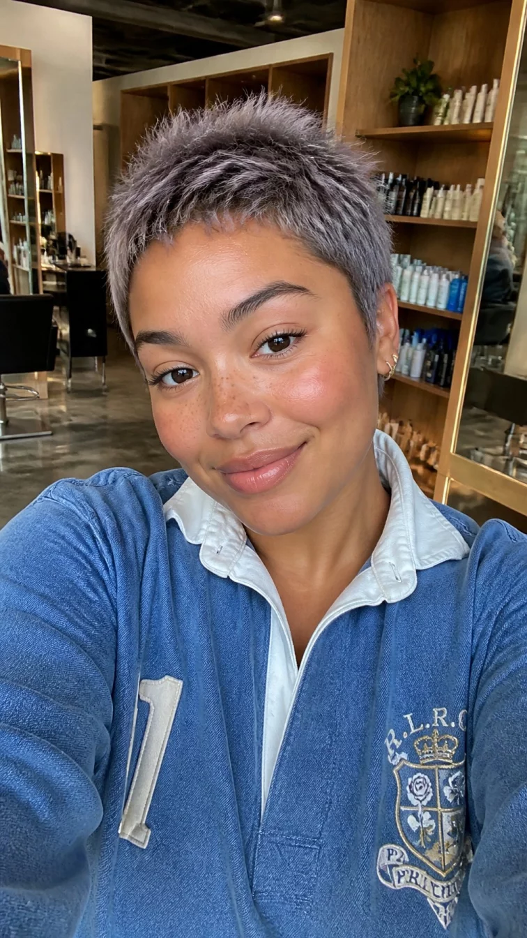 selfie of a 25-year-old Mixed-race woman with a oblong face, tan, broad nose, feathered eyebrows, and thin lips. Her face features faint freckles across the nose, slightly flushed cheeks, and subtle natural facial asymmetry. She has hooded brown eyes, soft cheekbones, closed-mouth smile, cheerful. She is curvy and is wearing a denim blue rugby shirt with smoky lavender gray spiky textured pixie hair, overcast daylight, hair salon
