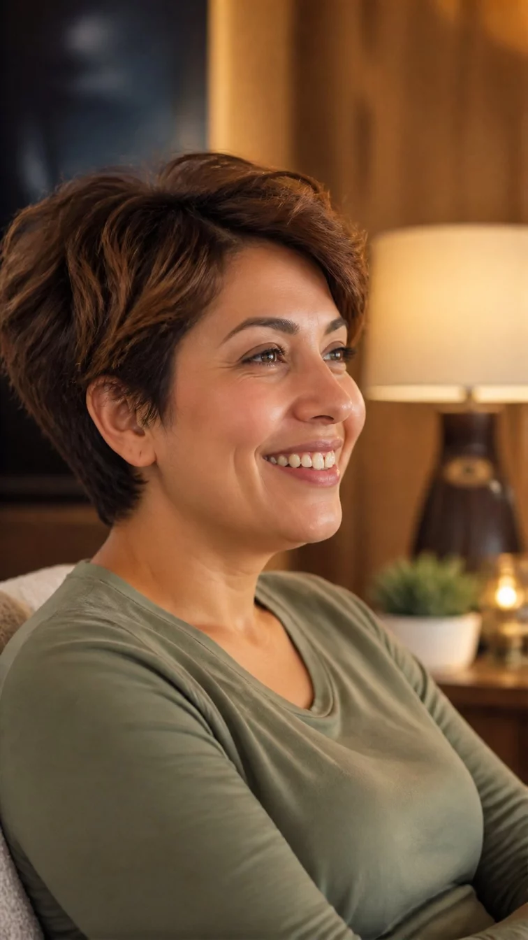 A side view photo of a 41-year-old Middle Eastern woman with a diamond face, fair, button nose, softly curved eyebrows, and heart-shaped lips. Her face features gap between front teeth, a few laugh lines, and subtle natural facial asymmetry. She has monolid brown eyes, pronounced cheekbones, broad smile, relaxed. She is curvy and is wearing a sage green long sleeve t-shirt with warm toffee swirl layered pixie hair, warm indoor lighting, indoor