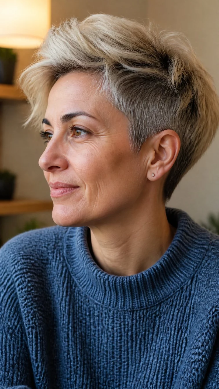 A side view photo of a 47-year-old Southern European woman with a diamond face, light, broad nose, straight eyebrows, and thin lips. Her face features widow's peak hairline, faint under-eye shadows, and subtle natural facial asymmetry. She has almond-shaped hazel eyes, soft cheekbones, broad smile, thoughtful. She is average and is wearing a denim blue chunky knit sweater with frosted chai blonde undercut pixie hair, warm indoor lighting, indoor