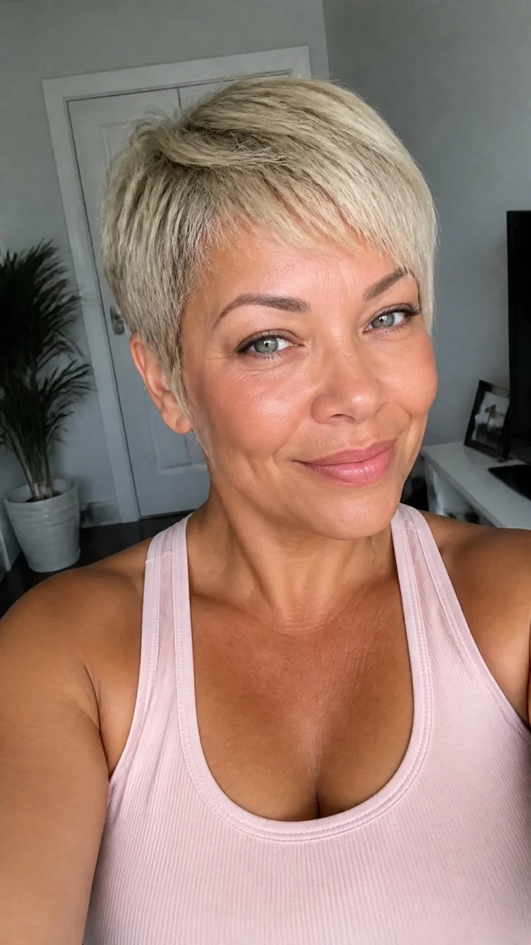 selfie of a 49-year-old Mixed-race woman with a diamond face, golden brown, straight nose, thick natural eyebrows, and thin lips. Her face features dimples, slightly flushed cheeks, and subtle natural facial asymmetry. She has upturned gray eyes, rounded cheeks, broad smile, playful. She is curvy and is wearing a blush pink tank top with pistachio cream blonde feathered pixie hair, soft window light, indoor