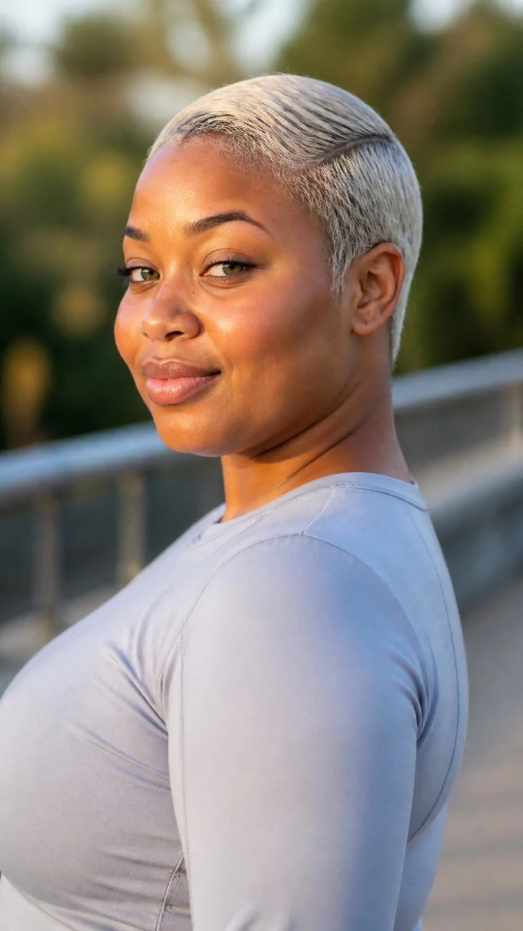 A side view photo of a 28-year-old Black African woman with a round face, light, button nose, thin arched eyebrows, and wide lips. Her face features faint freckles across the nose, slightly flushed cheeks, and subtle natural facial asymmetry. She has almond-shaped green eyes, pronounced cheekbones, closed-mouth smile, confident. She is plus-size and is wearing a light gray activewear top with silver birch bark slicked back pixie hair, warm indoor lighting, outdoor