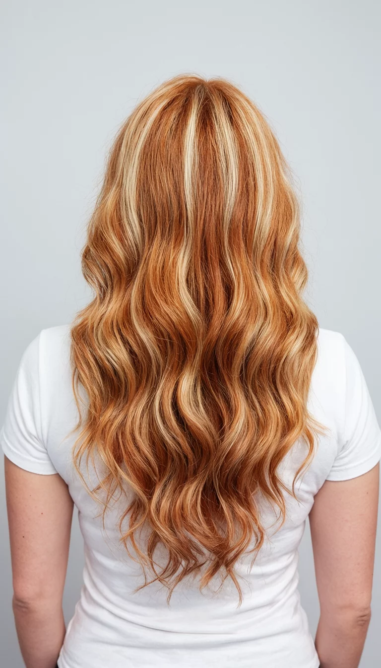 Copper Sunset With Highlights casual photo of a 31-year-old woman wearing a white top with a long, wavy, copper-toned with lighter blonde highlights colored back view hairstyle, back view, light grey background