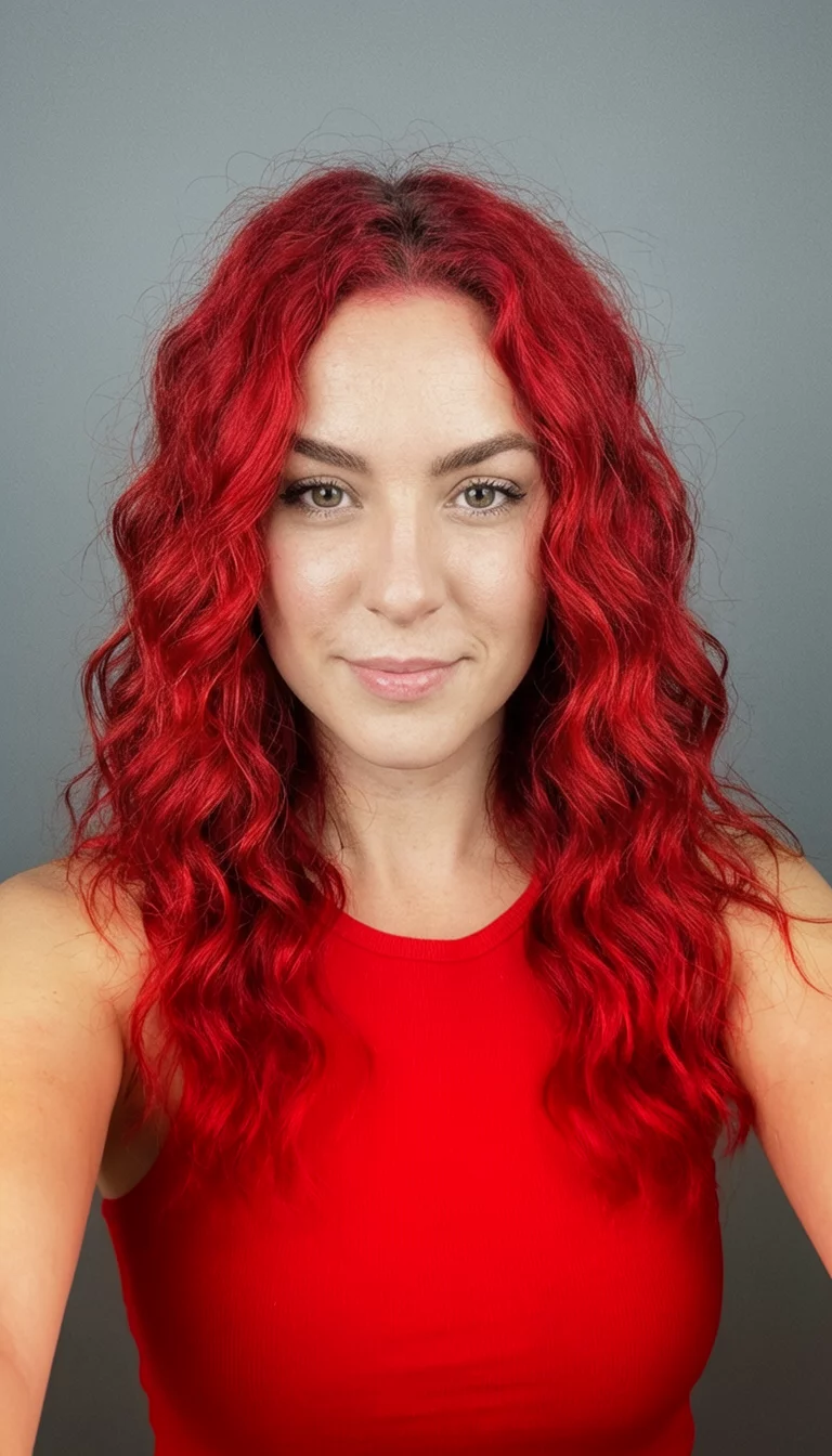 selfie of a 28-year-old woman wearing a red sleeveless top with a vibrant red, wavy colored front view hairstyle, front view, plain grey background