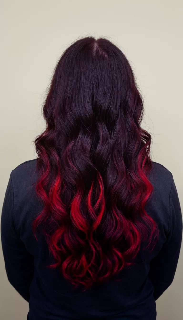 Dark Plum With Garnet Ribbons casual photo of a 38-year-old woman wearing a dark top with a long, dark plum wavy with vibrant red highlights colored back view hairstyle, back view, plain background