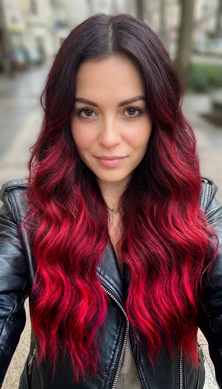 Crimson Face Framing Streaks selfie of a 27-year-old woman wearing a leather jacket with a long, wavy, dark red with bright red highlights colored front view hairstyle, front view, blurred background